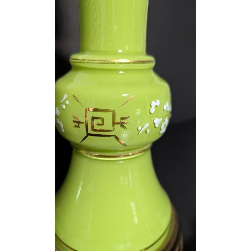 Vintage 1950's Working Pair of Hand Painted Green Glass & Brass Table Lamps - Picture 6 of 16